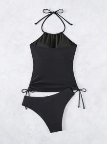 Swim Basics Summer Beach Drawstring Side Halter Tankini - Black - View 5