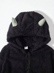 SHEIN 男大童翅膀印花3D耳朵設計連帽毛絨夾克 - 黑色 - 查看 8