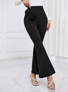 SHEIN Essnce 高腰3D喇叭褲 - 黑色 - 查看 4