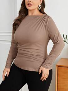 SHEIN Privé Talla grande Camiseta unicolor fruncido