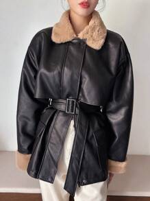 DAZY Chaqueta de PU gruesa y holgada con cinturón y cuello de piel sintética de estilo patchwork, abrigo casual de otoño/invierno para mujer - Negro - Ver 7