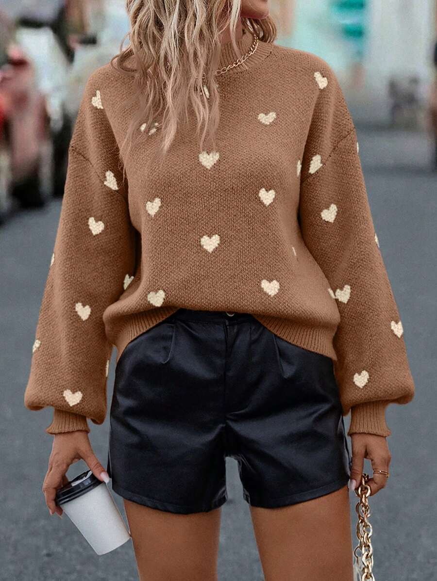 SHEIN LUNE Heart Pattern Drop Shoulder Knit Pullover Fall Winter Sweater - Coffee Brown - View 1