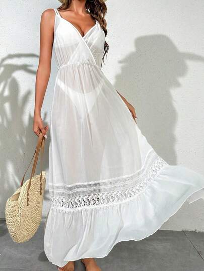 SHEIN 蕾絲拼接荷葉邊罩衫連衣裙不附帶比基尼套裝