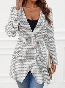 SHEIN Clasi 格紋印花腰帶外套