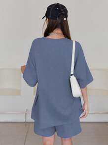 DAZY Letter Graphic Drop Shoulder Tee & Shorts - Dusty Blue - View 2