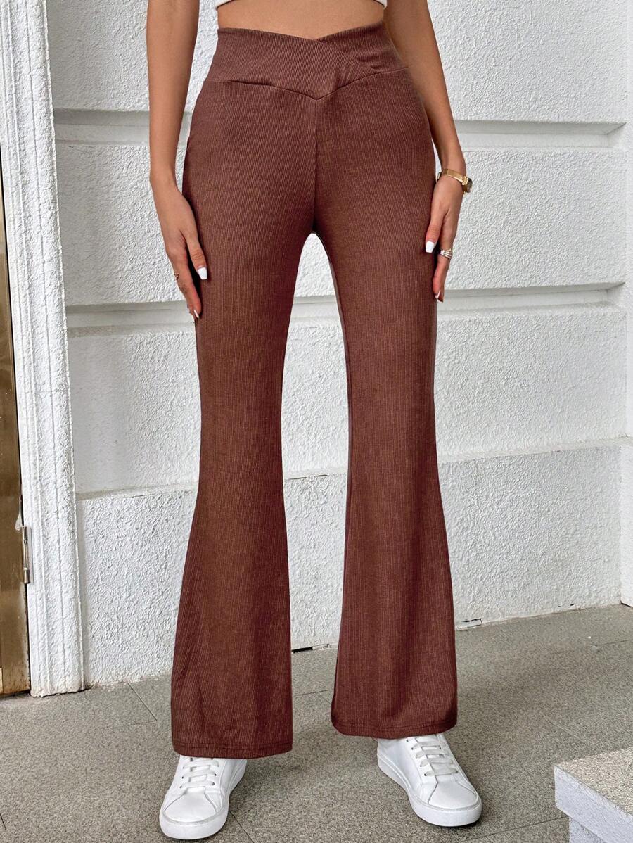 SHEIN Essnce Pantalones acampanados unicolor - Café integral - Ver 1