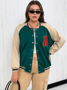 Flirla Hơn Thư được vá Sọc trang trí Tay Raglan Áo khoác Đại học - màu xanh lá - Xem 6