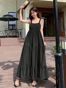 DAZY 纯色荷叶边吊带连衣裙长款度假装女式波西米亚风连衣裙 - 黑色 - 查看 4