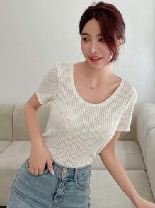 DAZY Twist Back Waffle Knit Crop Tee - White - View 3