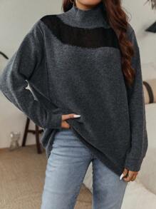SHEIN LUNE Plus Contrast Mesh Mock Neck Drop Shoulder Sweater - Dark Grey - View 1