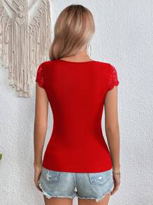 SHEIN Clasi Contrast Lace Scallop Trim Tee - Red - View 2