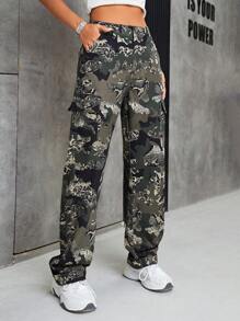 SHEIN EZwear Camo Print Straight Leg Jeans - Army Green - View 4