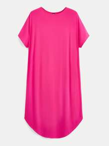 SHEIN BASICS Solid Curved Hem Tee Dress - Hot Pink - View 1