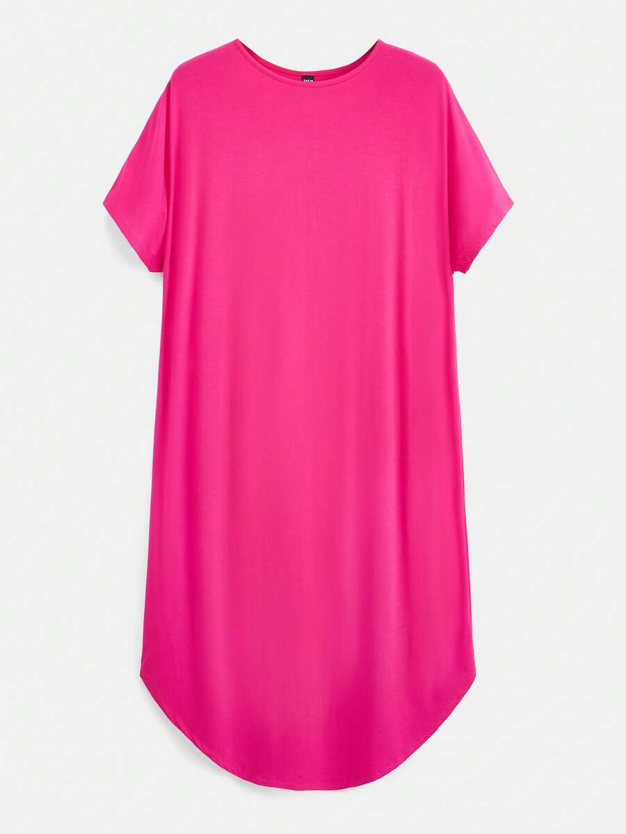 SHEIN BASICS Solid Curved Hem Tee Dress - Hot Pink - View 1