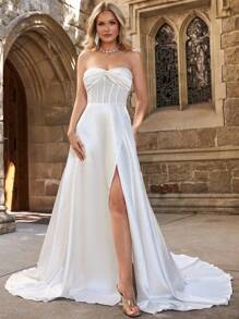 Twist Front Split Thigh Satin Tube Wedding Dress - White - View 1