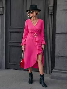 SHEIN Privé 燈籠袖荷葉邊圍裹下擺繫腰帶洋裝 - 紅色 - 查看 5