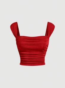 SHEIN MOD Chất rắn Xù Crop Tank Top - Đỏ - Xem 1