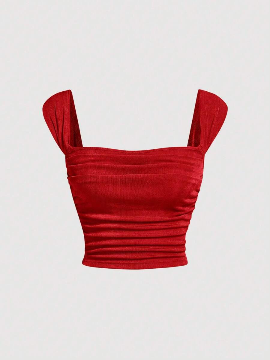SHEIN MOD Chất rắn Xù Crop Tank Top - Đỏ - Xem 1