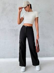 RueChic High Waist Flap Pocket Side Cargo Pants - Black - View 4