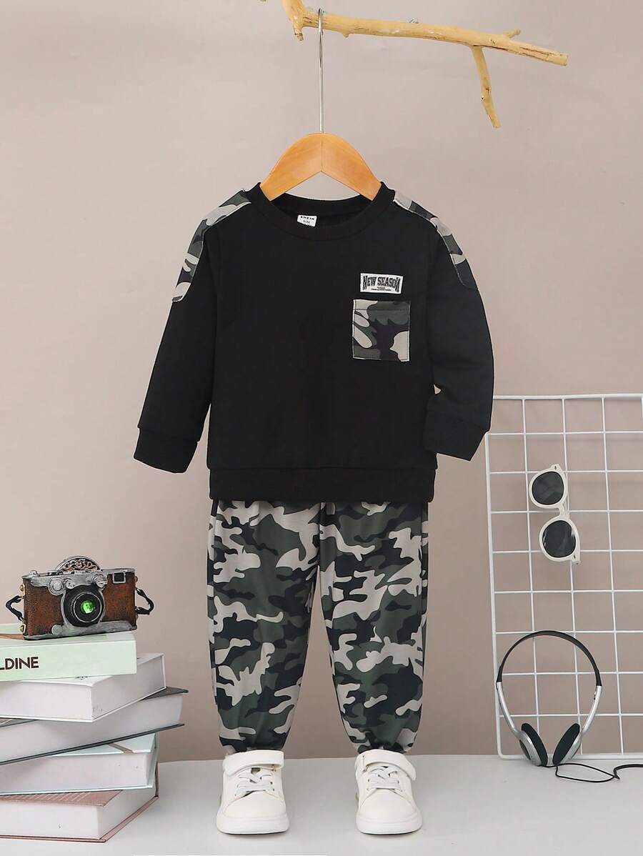 SHEIN 男嬰迷彩印花補丁貼口袋套頭衫和運動褲 - 彩色 - 查看 1