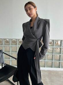 DAZY Business Casual Style Solid Color Wide Strap Wrap Blazer - Grey - View 6