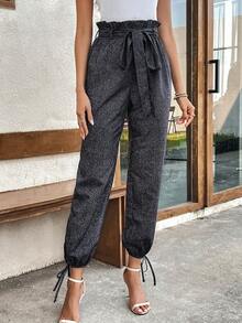 SHEIN LUNE Nếp gấp cao eo Nút viền Thắt lưng Quần - Màu xám đen - Xem 3