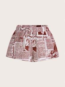 SHEIN ICON Newspaper Print Shorts - Maroon - View 1