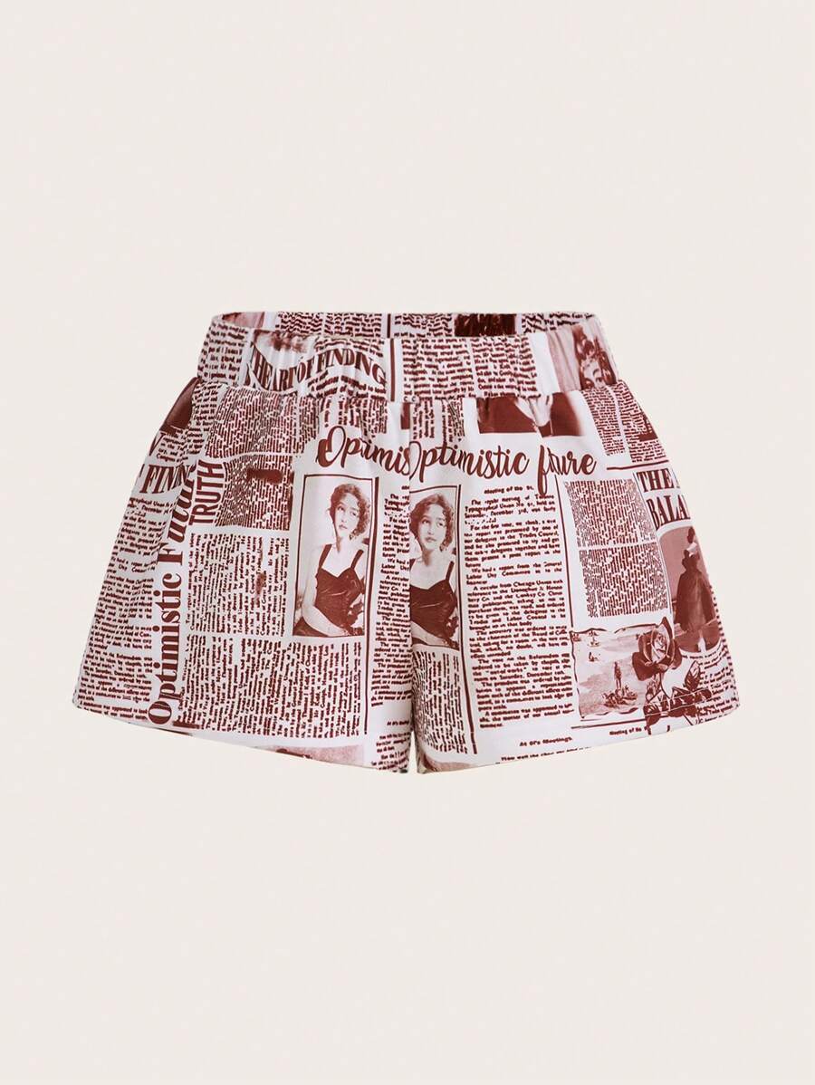 SHEIN ICON Newspaper Print Shorts - Maroon - View 1