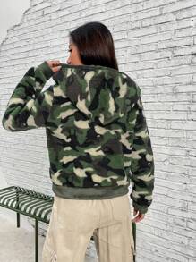 SHEIN Coolane Camo Print Zip Up Hooded Teddy Jacket - Army Green - View 2