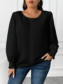 SHEIN Frenchy Plus Solid Lantern Sleeve Blouse - Black - View 3