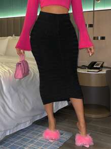 Slaydiva Solid Ruched Pencil Knit Skirt - Black - View 5