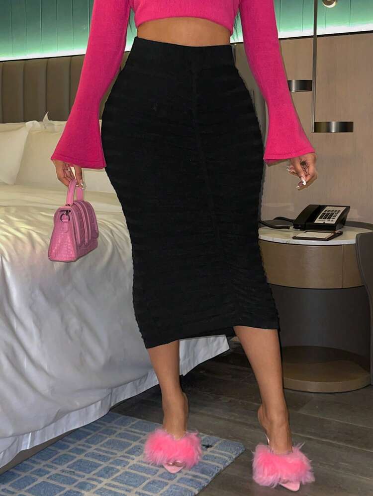 Solid Ruched Pencil Knit Skirt