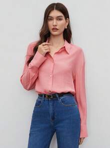 BizChic Chất rắn Nút phía trước Thả vai Áo sơ mi - Màu Hồng  San hô - Xem 6