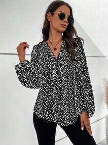 SHEIN LUNE Allover Print Lantern Sleeve Blouse - Black - View 6
