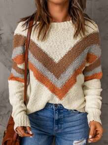 Chevron Pattern Drop Shoulder Sweater - Beige - View 1