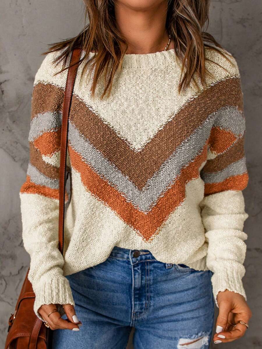 Chevron Pattern Drop Shoulder Sweater - Beige - View 1
