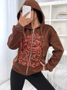 SHEIN EZwear 圖案印花拉鏈開襟抽繩加絨內裏連帽衫 - 棕色 - 查看 3