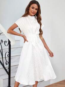 SHEIN Clasi Báo Dệt hoa tay cánh Váy có thắt lưng - Màu be - Xem 5
