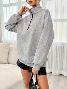 SHEIN EZwear 半拉鏈落肩袖運動衫 - 淺灰色 - 查看 5
