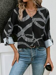 Chiquease Allover Print Roll Tab Sleeve Blouse Fall Cloth For Women - Black and White - View 5