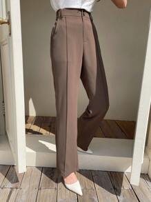 DAZY 高腰斜口袋直筒西裝褲 - 咖啡棕 - 查看 1