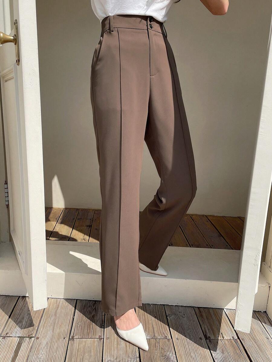 DAZY 高腰斜口袋直筒西裝褲 - 咖啡棕 - 查看 1