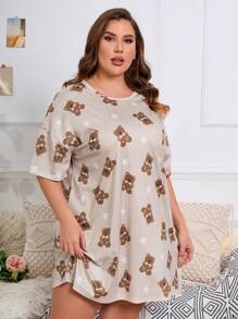 Vestido de dormir de manga caída con estampado de oso y estrella talla grande - Albaricoque - Ver 5