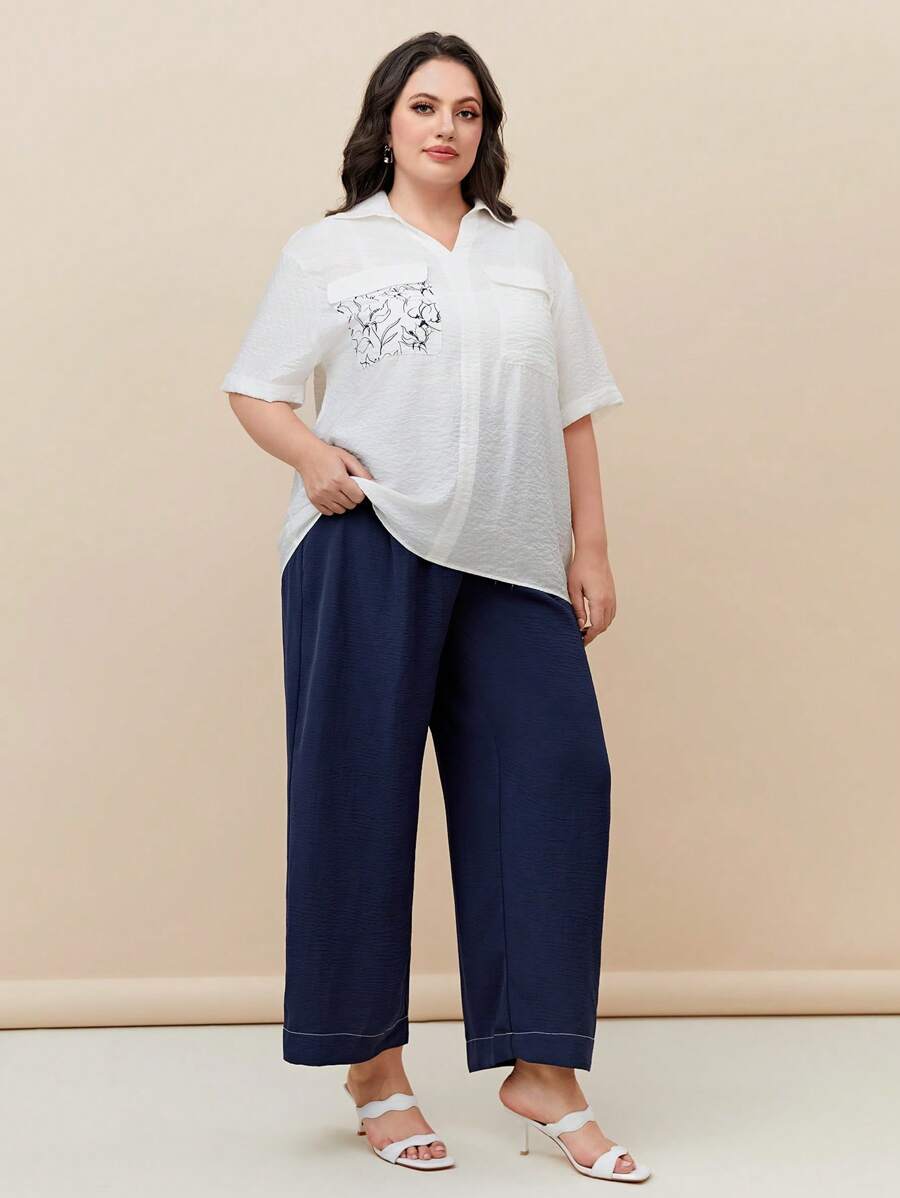 Mulvari 大碼印花襯衫&闊腿褲 - 藍白色 - 查看 1