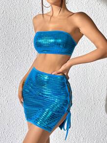 Allurite Kim loại Ống ngọn & Ren Up Side Váy - Màu xanh lam - Xem 4