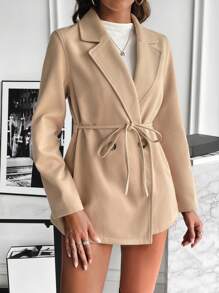 SHEIN Clasi Lapel Neck Belted Overcoat - Apricot - View 3