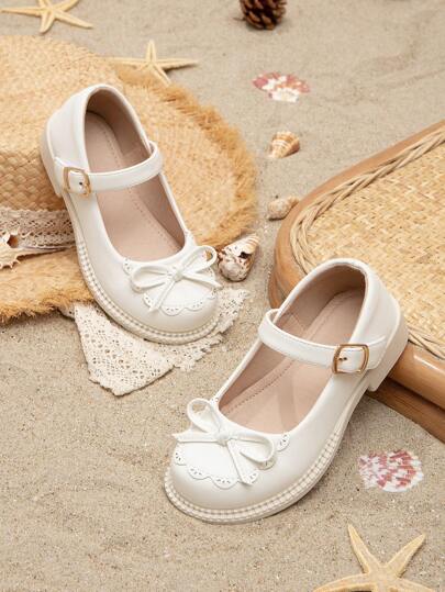 Girls School Pu Leather Shoes With Flat Sole & Bow Decoration
