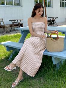 DAZY Gingham Print Tube Dress - Yellow - View 2