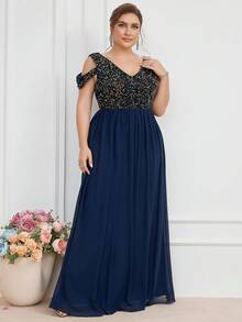 Plus Contrast Sequin Cold Shoulder Party Dress - Navy Blue - View 6