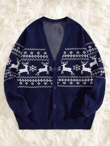 GENTILAND Hombres Cárdigan alce de Navidad & con patrón geométrico - Azul Marino - Ver 3